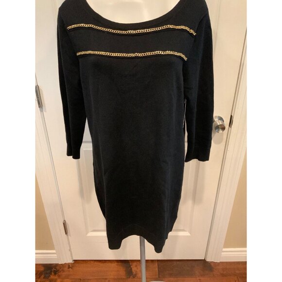 Michael Kors Black Long Sleeve Sweater Dress W/ Gold Chain Detail, Size L - Picture 3 of 7